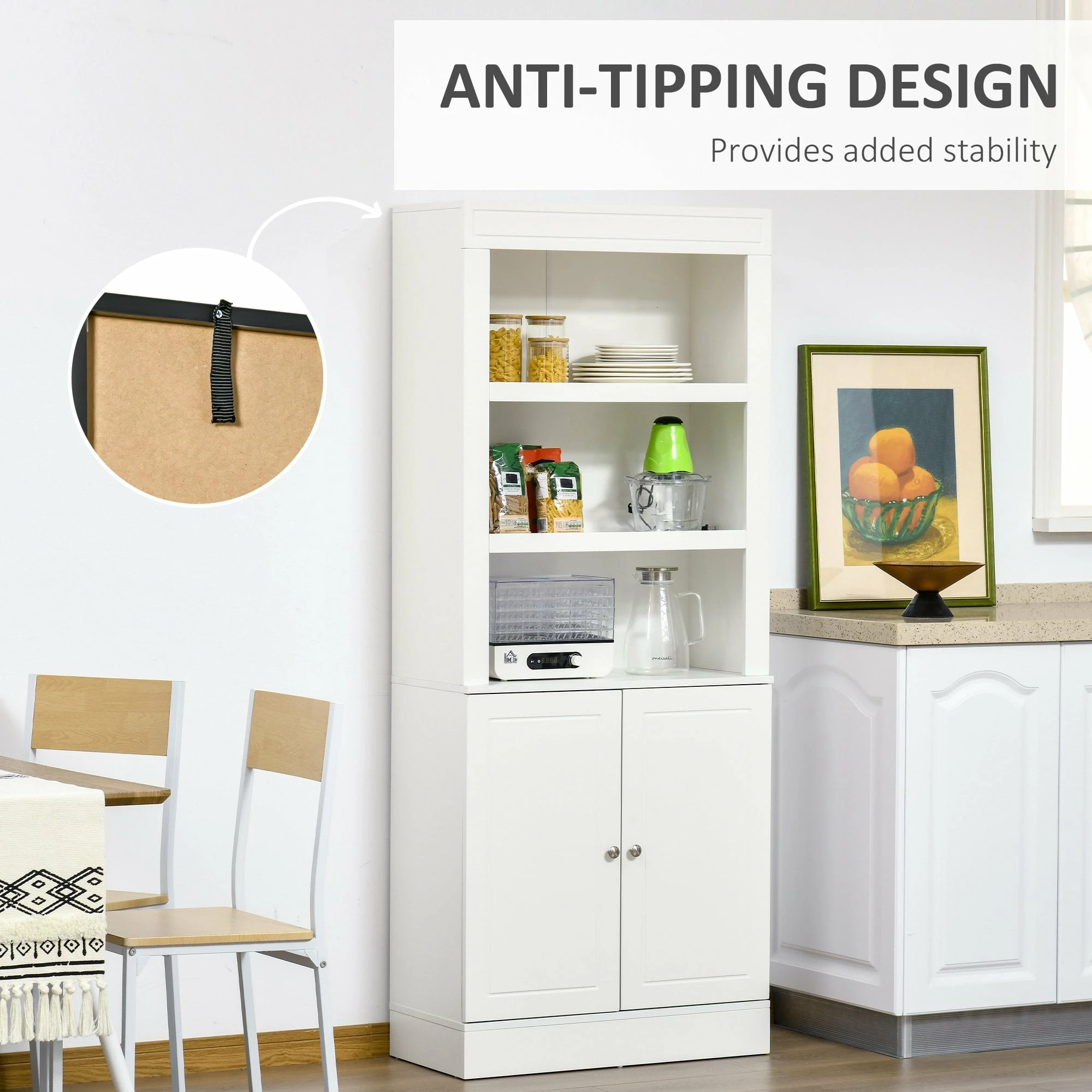 Kitchen Cupboard With 6-tier Adjustable Shelving, Freestanding Sideboard With 3 Open Compartments And Double-Door Cabinet - White - Image 6