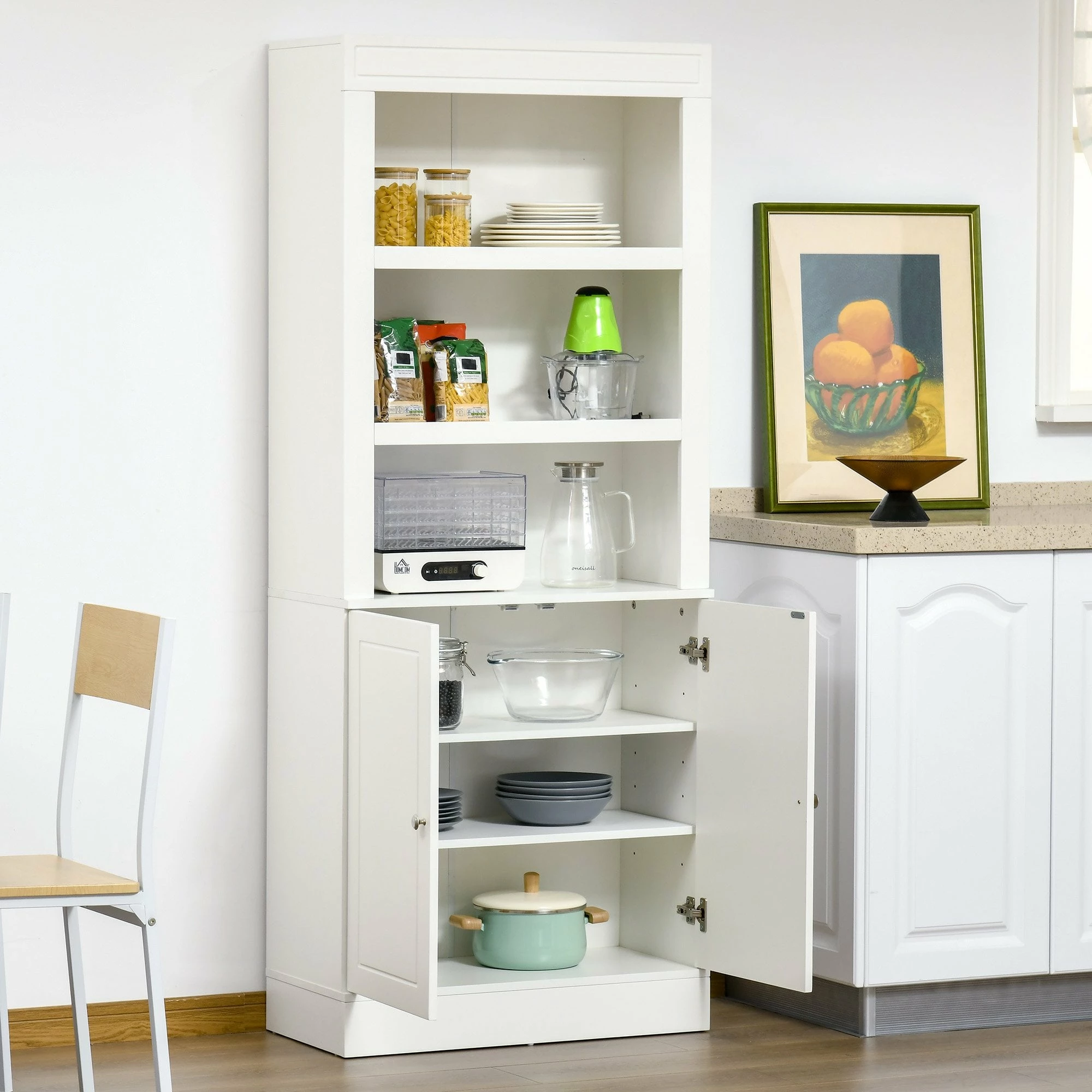 Kitchen Cupboard With 6-tier Adjustable Shelving, Freestanding Sideboard With 3 Open Compartments And Double-Door Cabinet - White - Image 8
