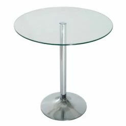 Round Bar Table W/ Glass Top-Transparent Glass, Silver