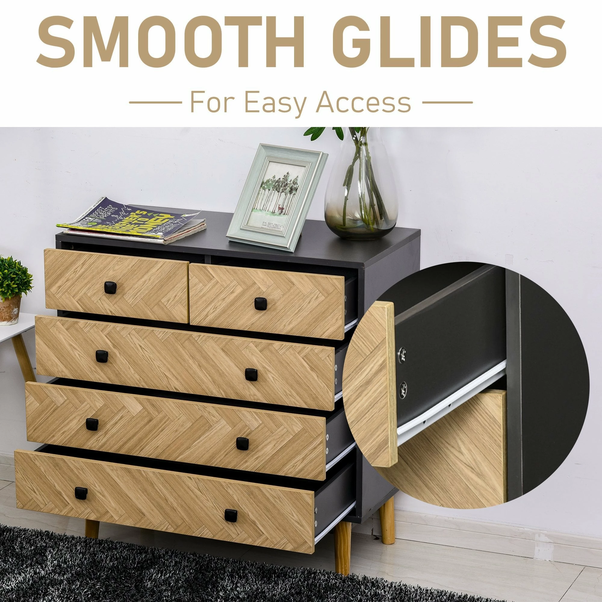 5-Drawer Chest Storage Cabinet Sideboards With Metal Handles Freestanding Dresser For Bedroom, Living Room Wooden Bedroom - Image 4