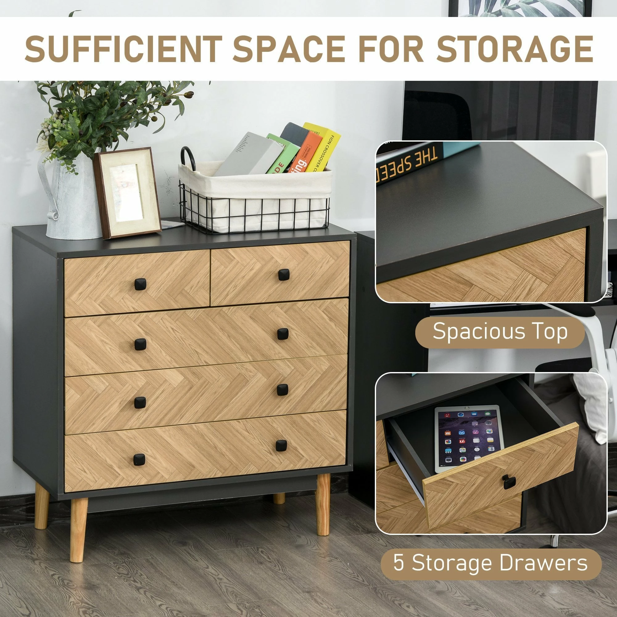 5-Drawer Chest Storage Cabinet Sideboards With Metal Handles Freestanding Dresser For Bedroom, Living Room Wooden Bedroom - Image 5