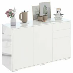 Modern Stylish Freestanding Push-Open Cabinet With 2 Drawer 2 Door Cabinet For Home Office Highlight, 117W X 36D X 74Hcm-White For Living Room, Bedroom, Bathroom, Kitchen, Highlight White And Matte White