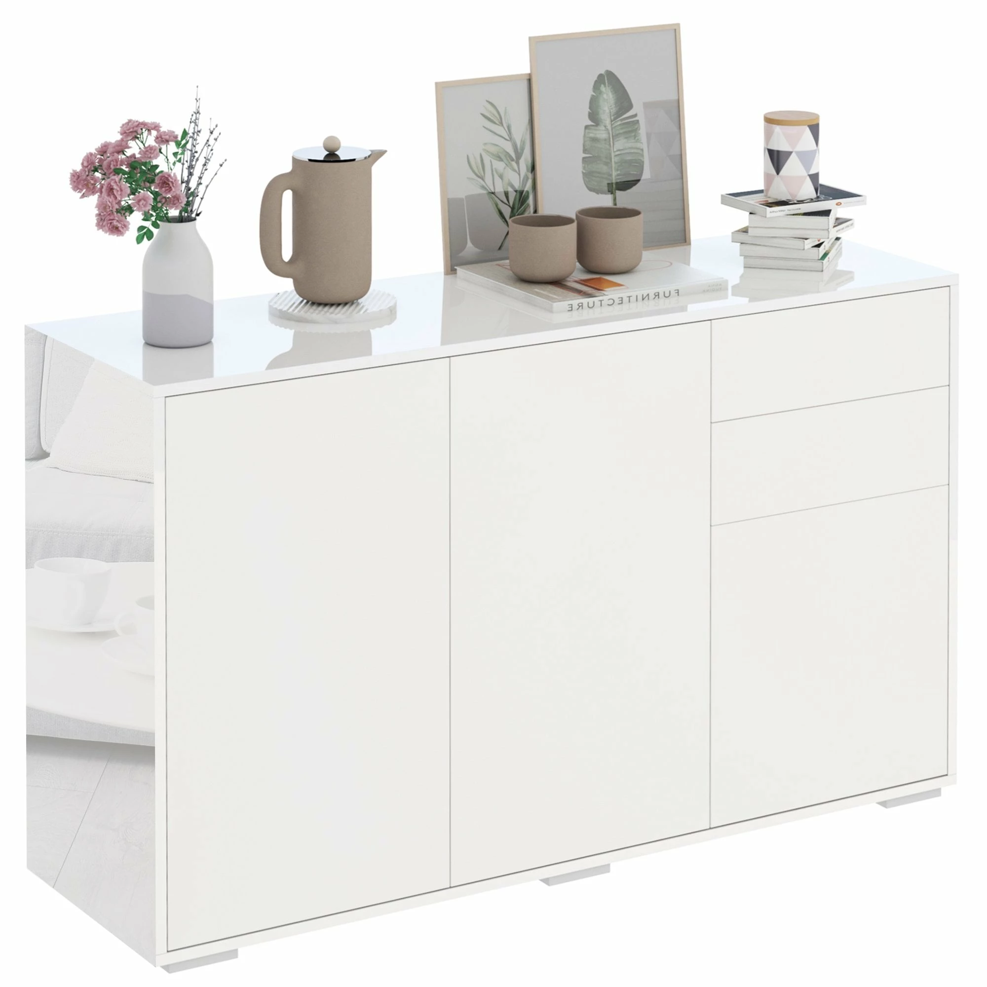 Modern Stylish Freestanding Push-Open Cabinet With 2 Drawer 2 Door Cabinet For Home Office Highlight, 117W X 36D X 74Hcm-White For Living Room, Bedroom, Bathroom, Kitchen, Highlight White And Matte White