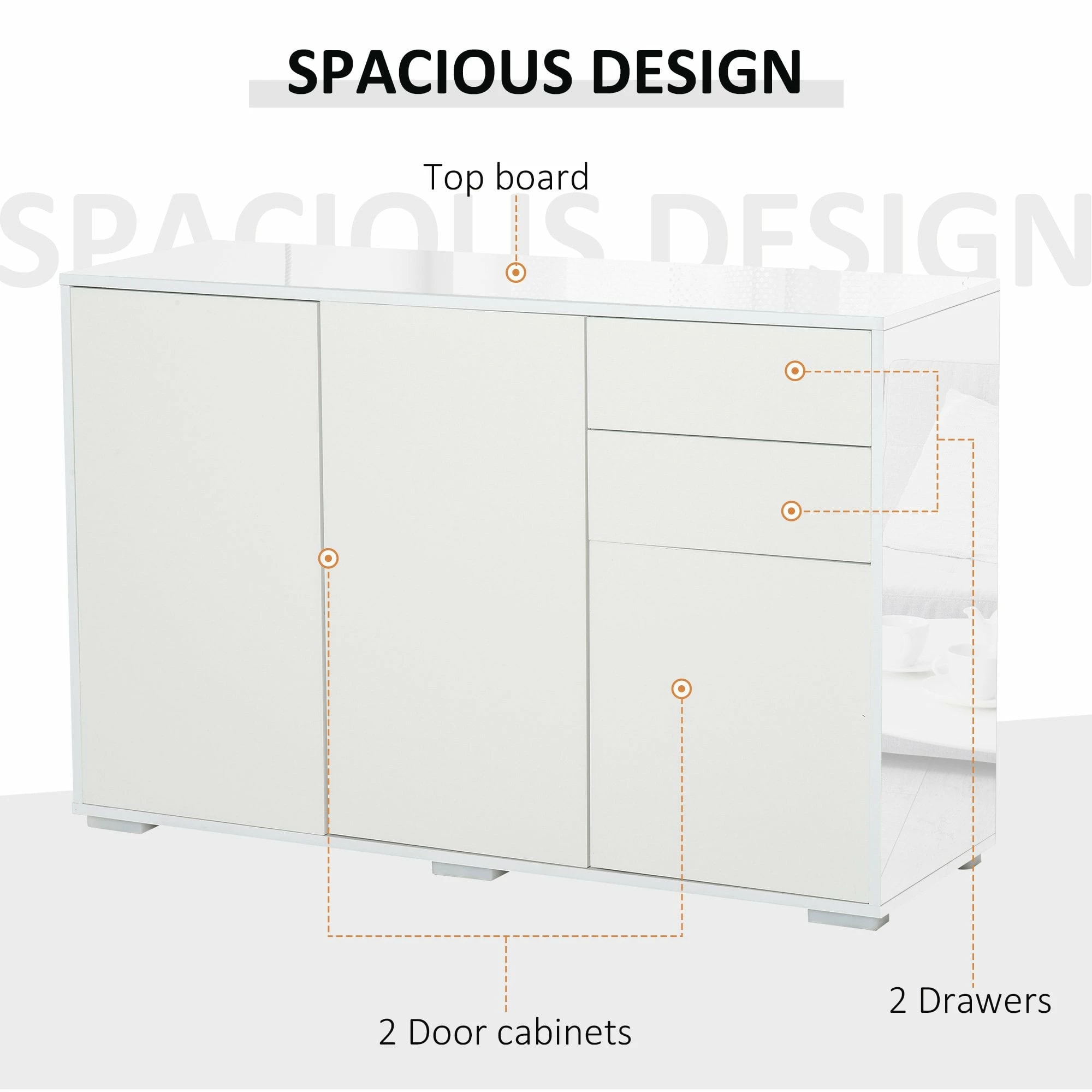 Modern Stylish Freestanding Push-Open Cabinet With 2 Drawer 2 Door Cabinet For Home Office Highlight, 117W X 36D X 74Hcm-White For Living Room, Bedroom, Bathroom, Kitchen, Highlight White And Matte White - Image 4
