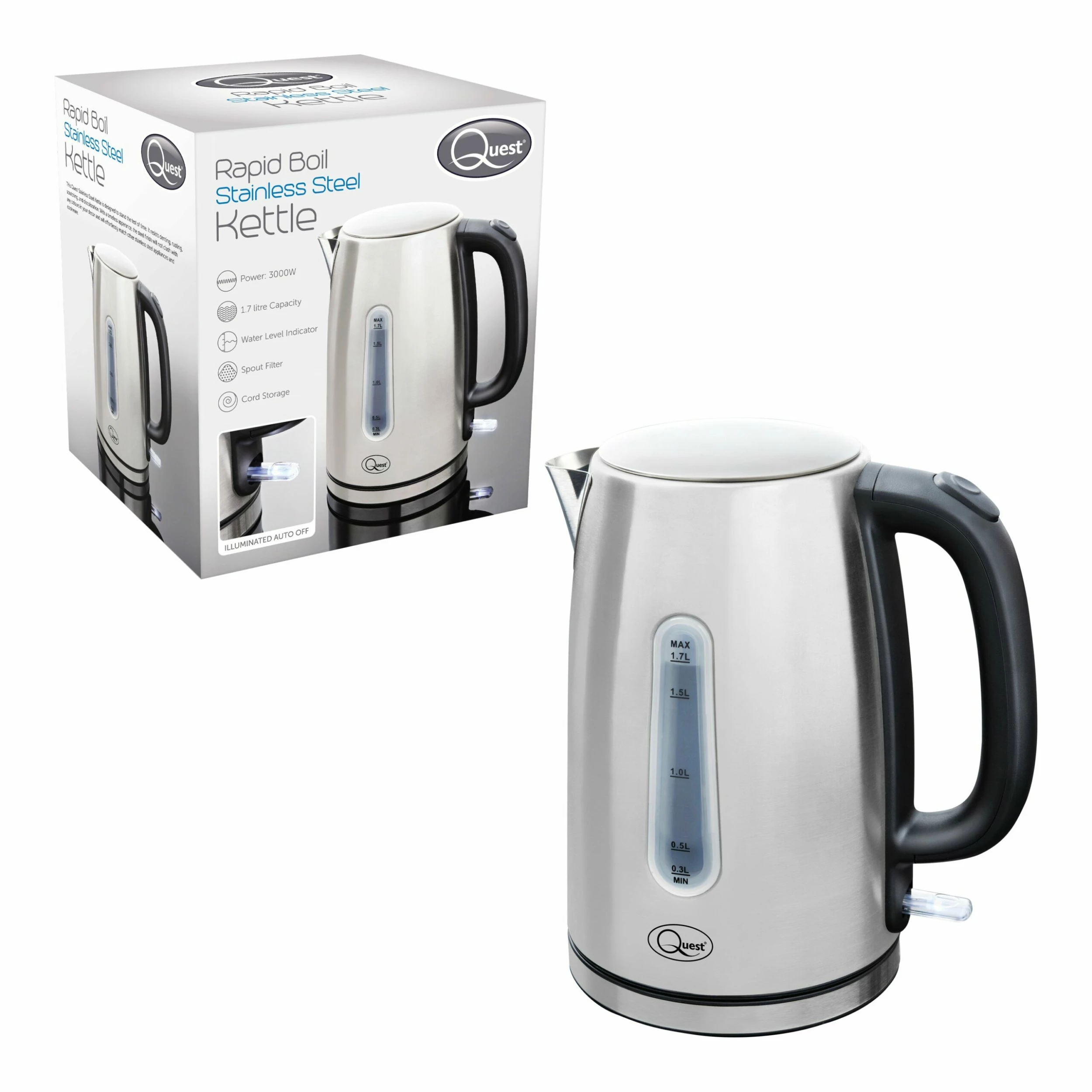 Quest 1.7L 3KW Stainless Steel Jug Kettle - Silver - Image 3