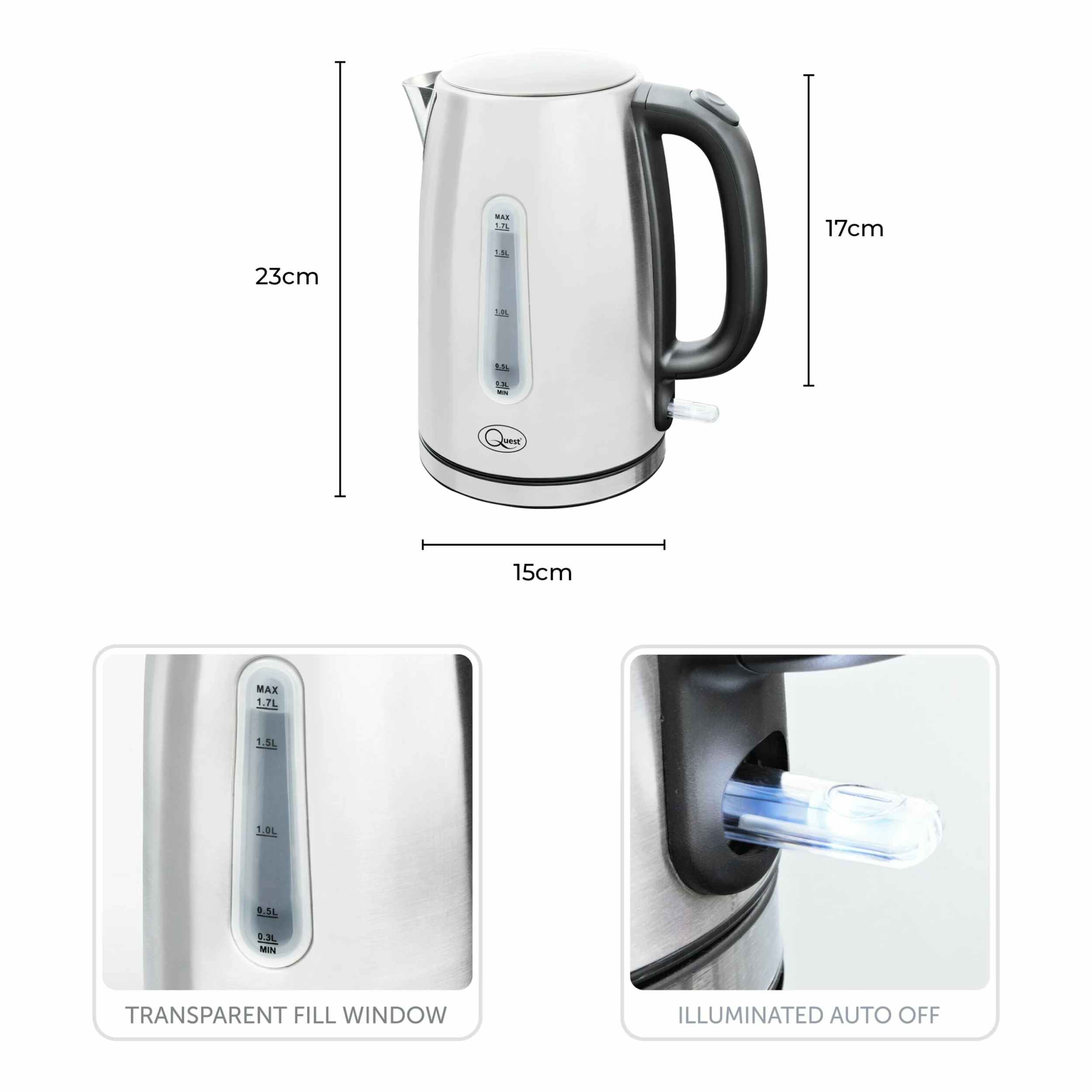 Quest 1.7L 3KW Stainless Steel Jug Kettle - Silver - Image 4