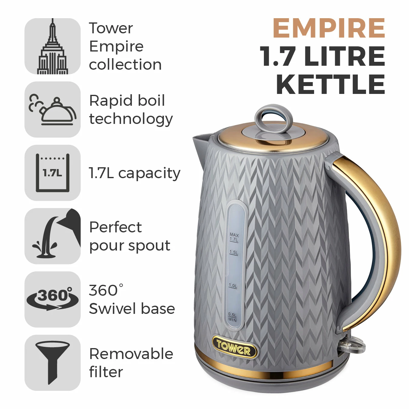 Tower Empire 3KW 1.7L Kettle With Brass Accents - Grey - Image 2