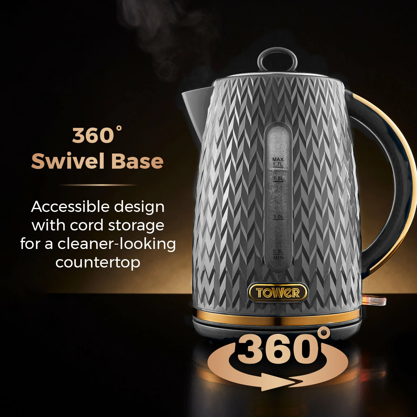 Tower Empire 3KW 1.7L Kettle With Brass Accents - Grey - Image 7