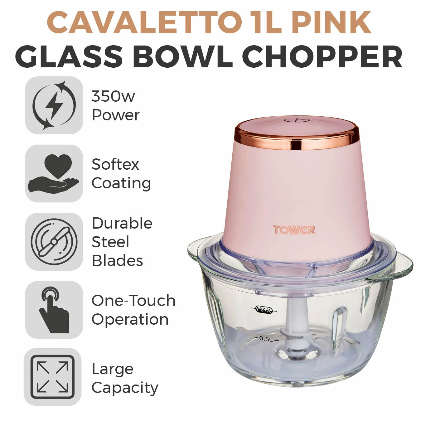 Tower Cavaletto 350W 1 Litre Glass Mini Chopper - Pink - Image 2