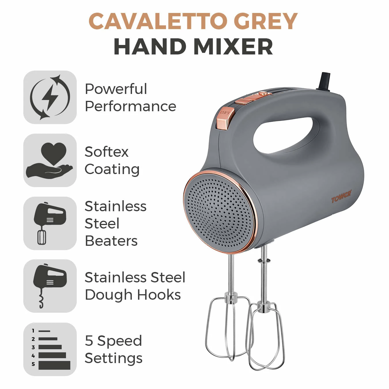 Tower Cavaletto 300W Hand Mixer - Grey - Image 2