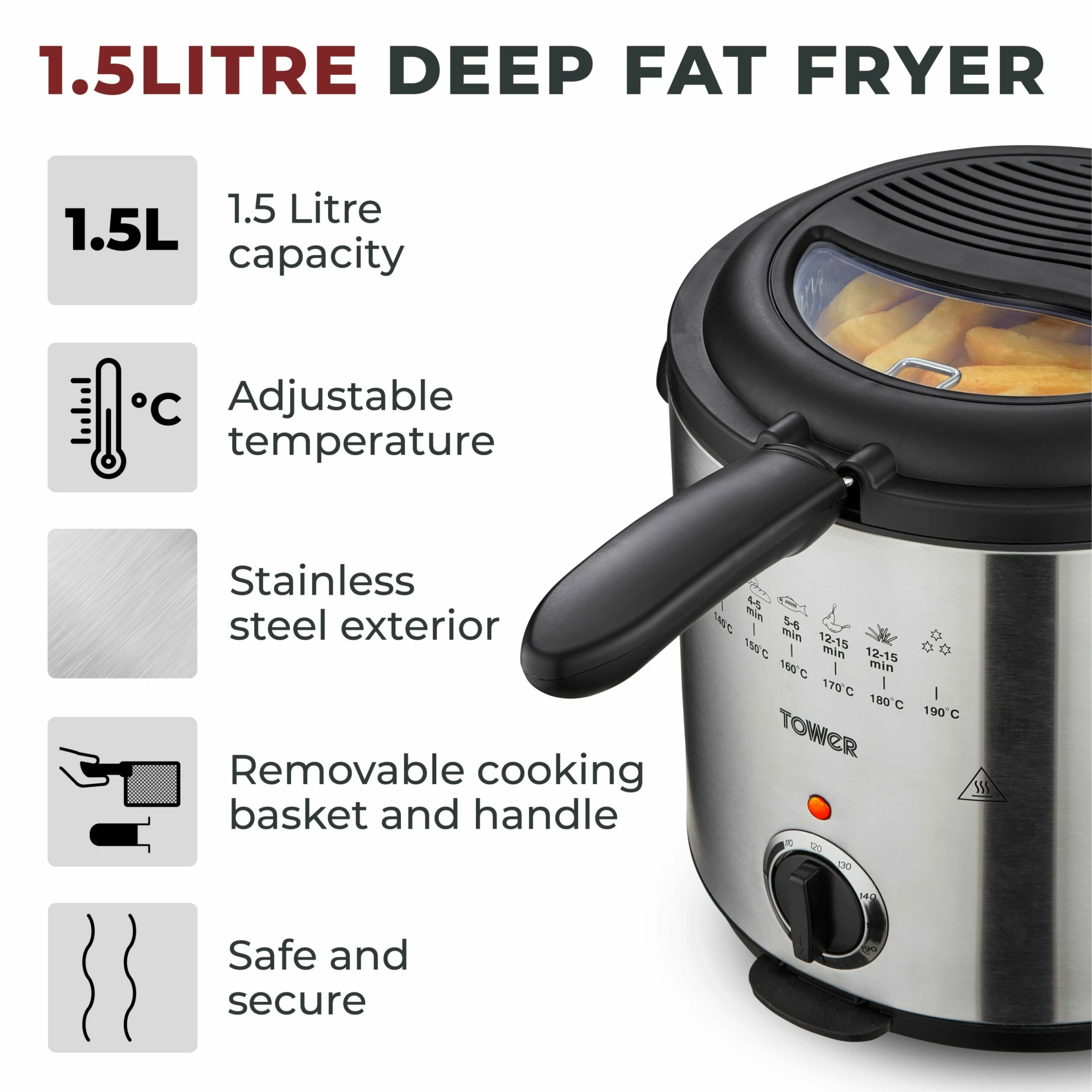 Tower Stainless Steel Deep Fryer 1.5Litre - Image 2
