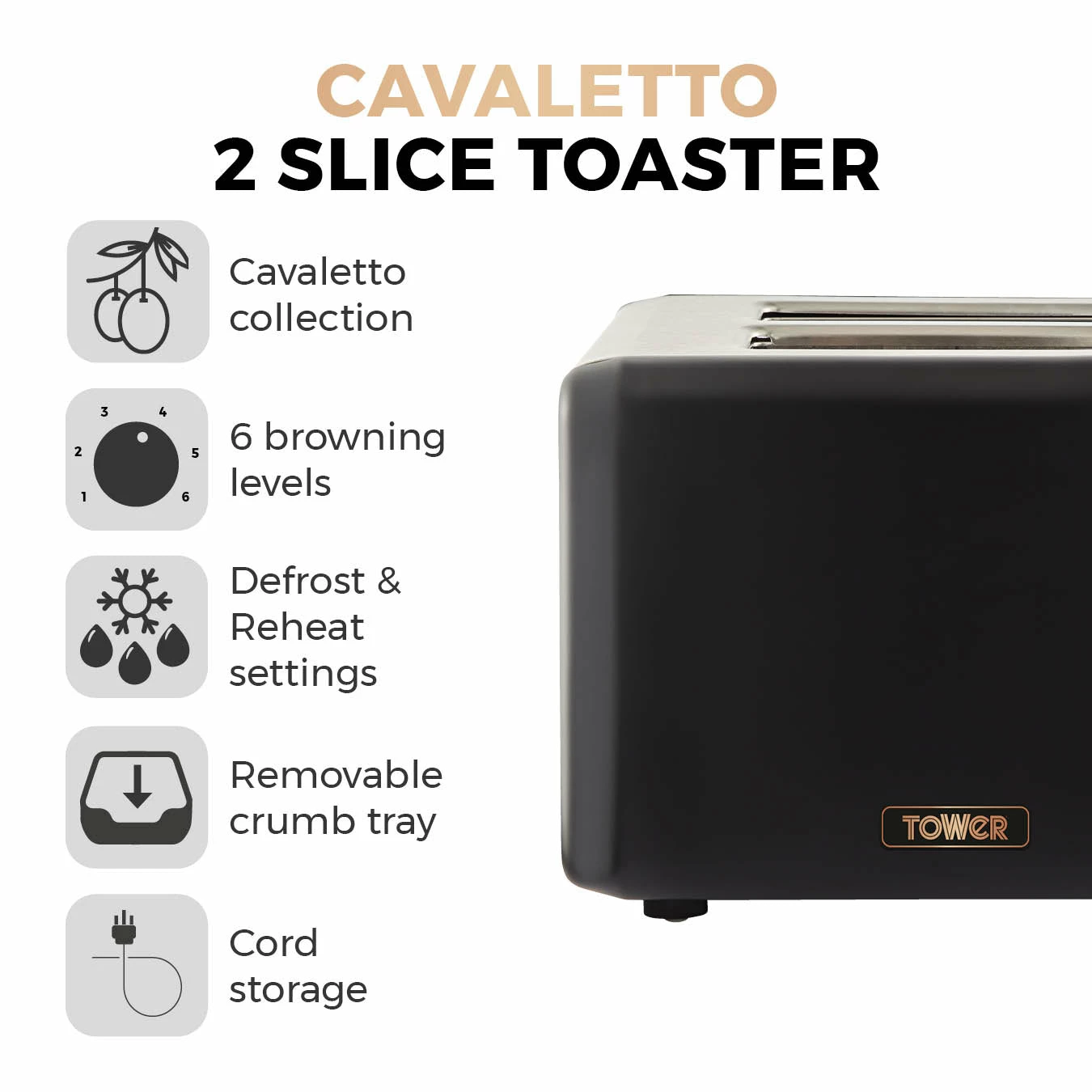 Tower Cavaletto 2 Slice Stainless Steel Toaster - Black - Image 2