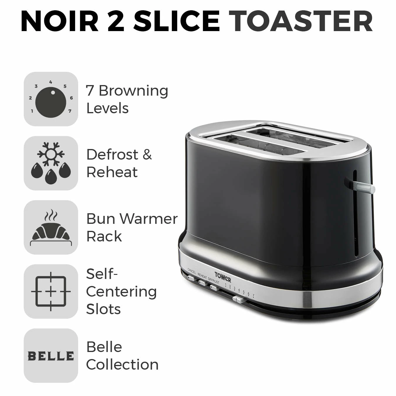 Tower Belle Collection 2 Slice Toaster - Black - Image 2
