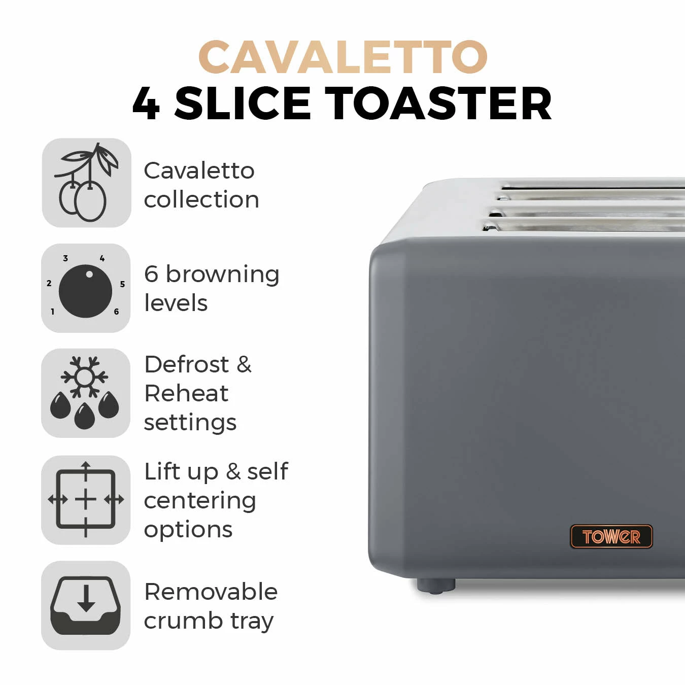 Tower Cavaletto 4 Slice Stainless Steel Toaster - Grey - Image 2