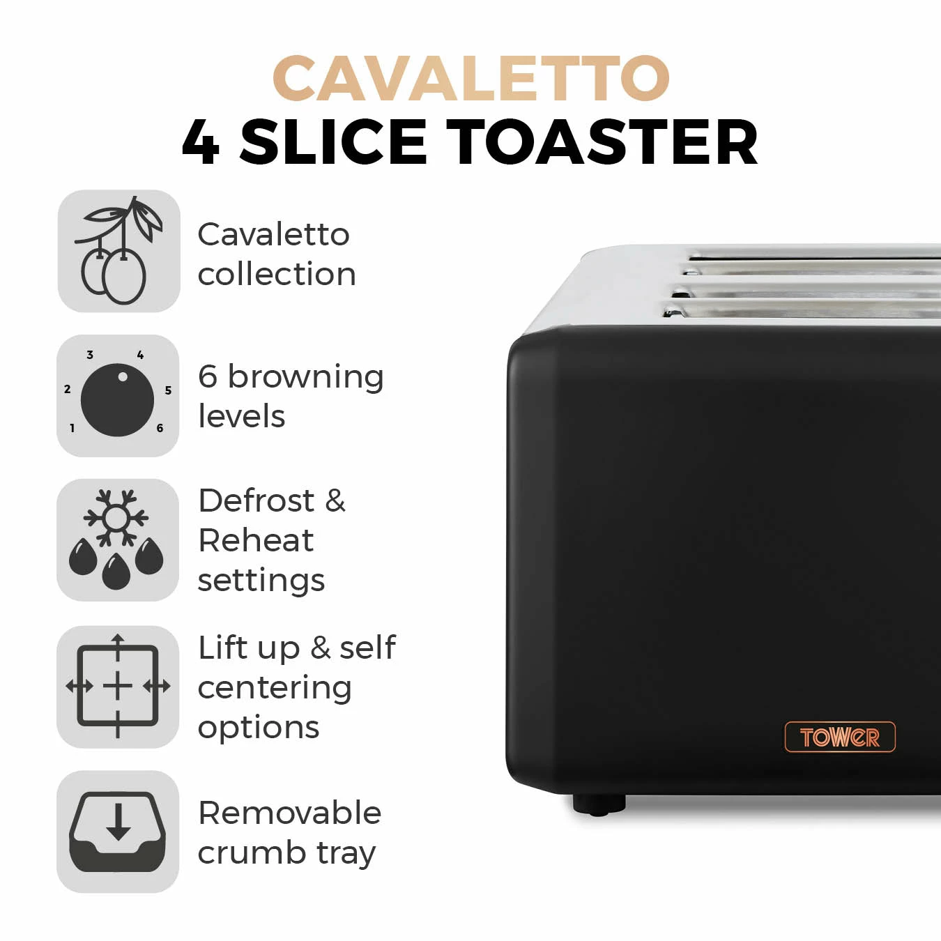 Tower Cavaletto 4 Slice Stainless Steel Toaster - Black - Image 2
