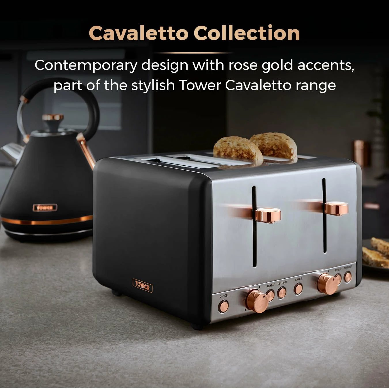 Tower Cavaletto 4 Slice Stainless Steel Toaster - Black - Image 3