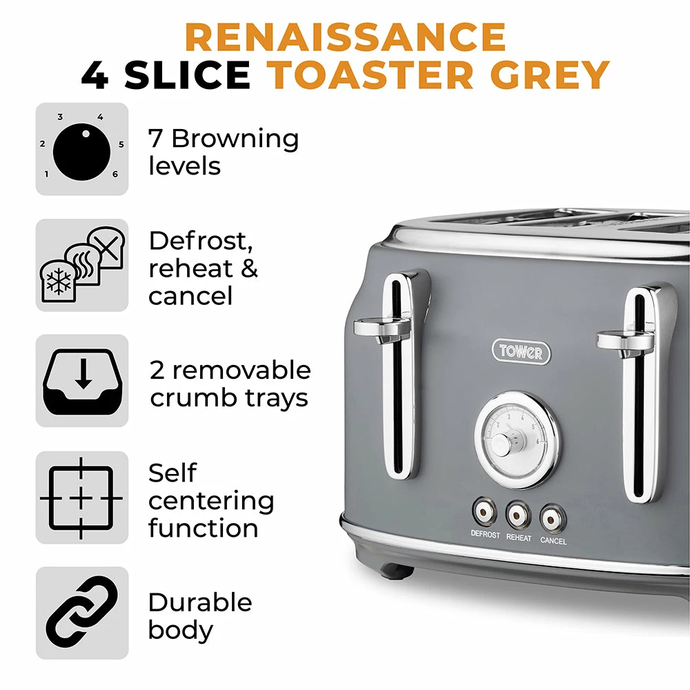 Tower Renaisance 4 Slice Toaster - Grey - Image 2