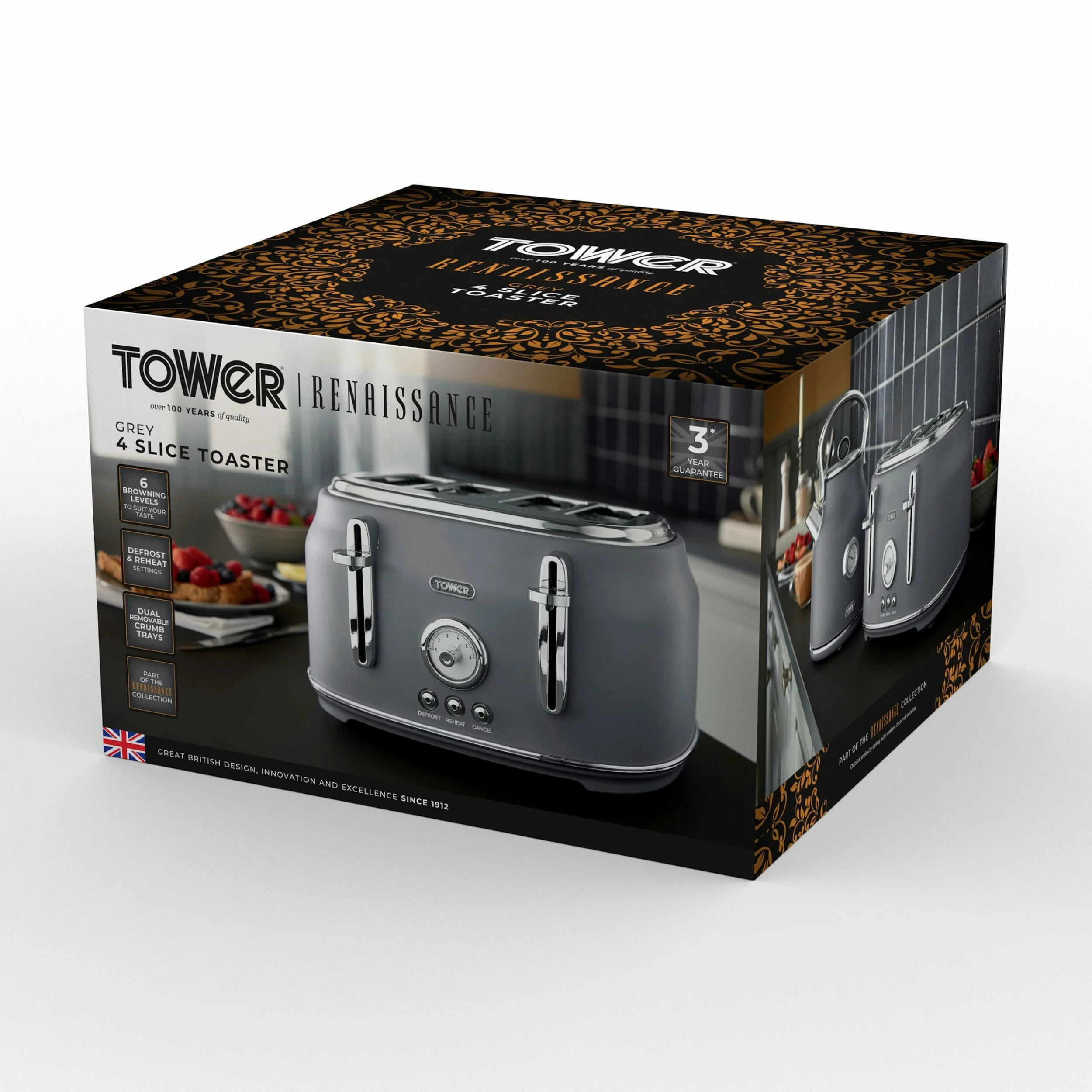Tower Renaisance 4 Slice Toaster - Grey - Image 3