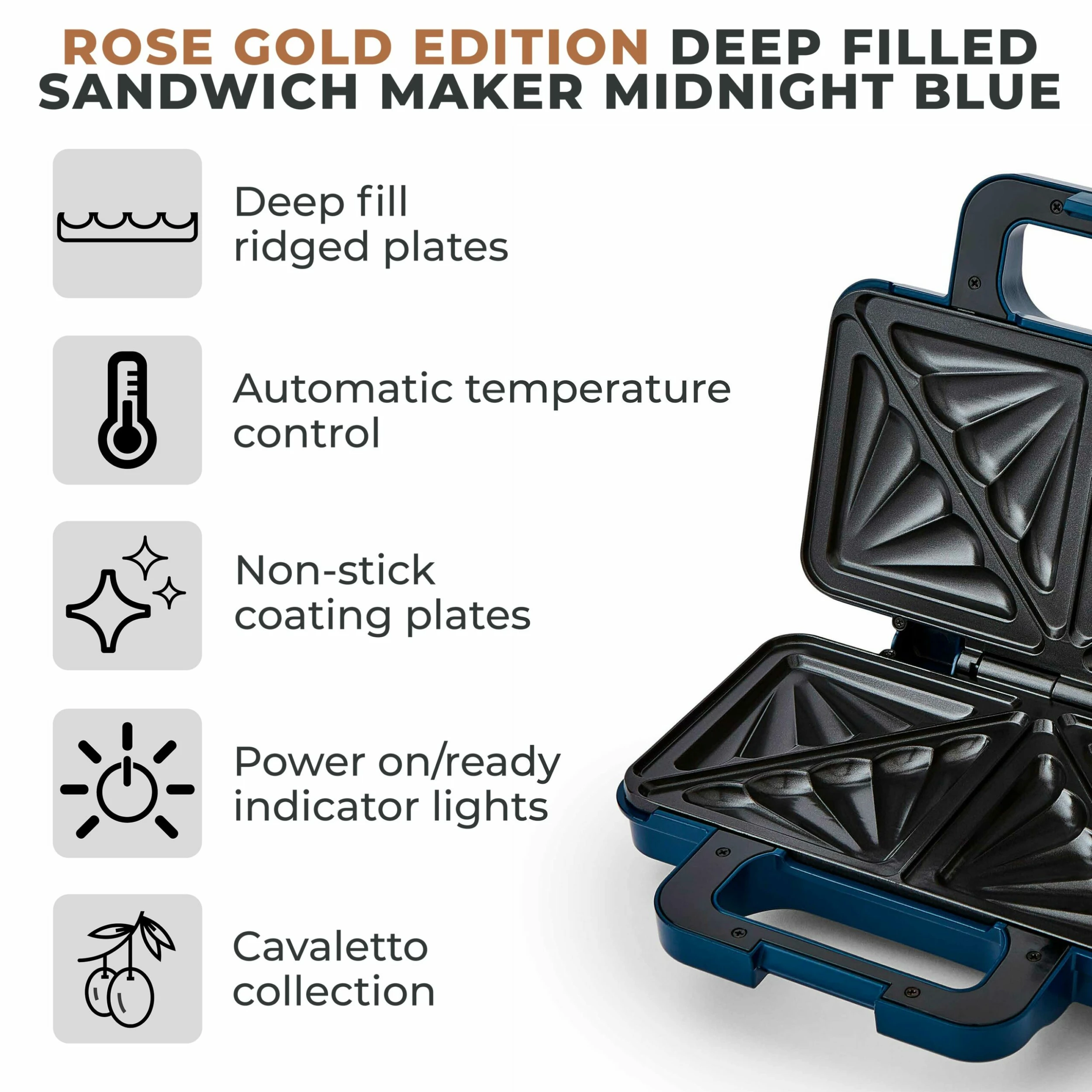 Tower Cavaletto 900W Sandwich Maker - Midnight Blue - Image 2