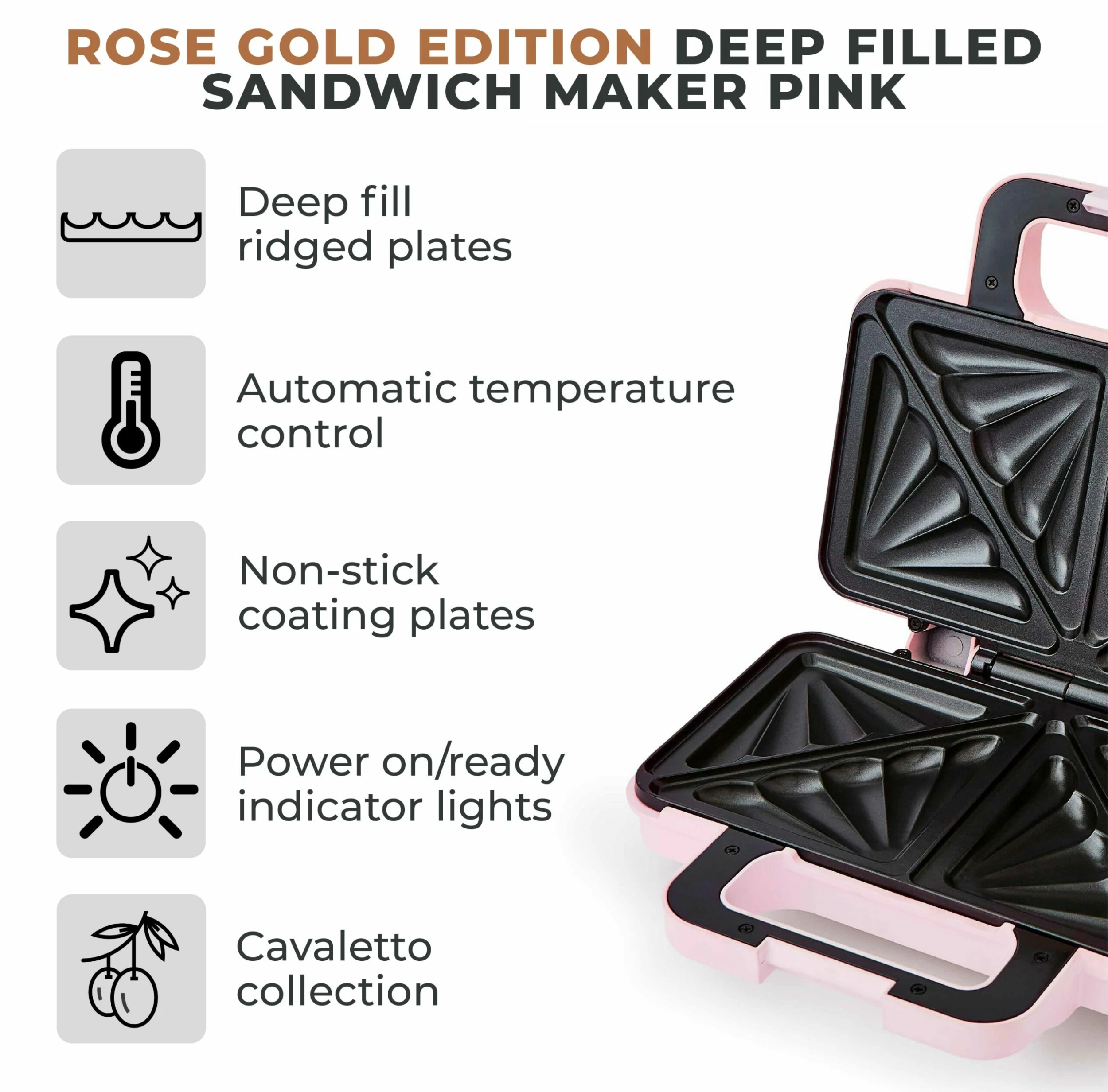 Tower Cavaletto 900W Sandwich Maker - Pink - Image 2