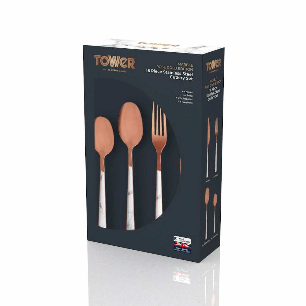 Tower Marble Rose Gold 16 Piece Stainless Steel Cutlery Set - Image 2